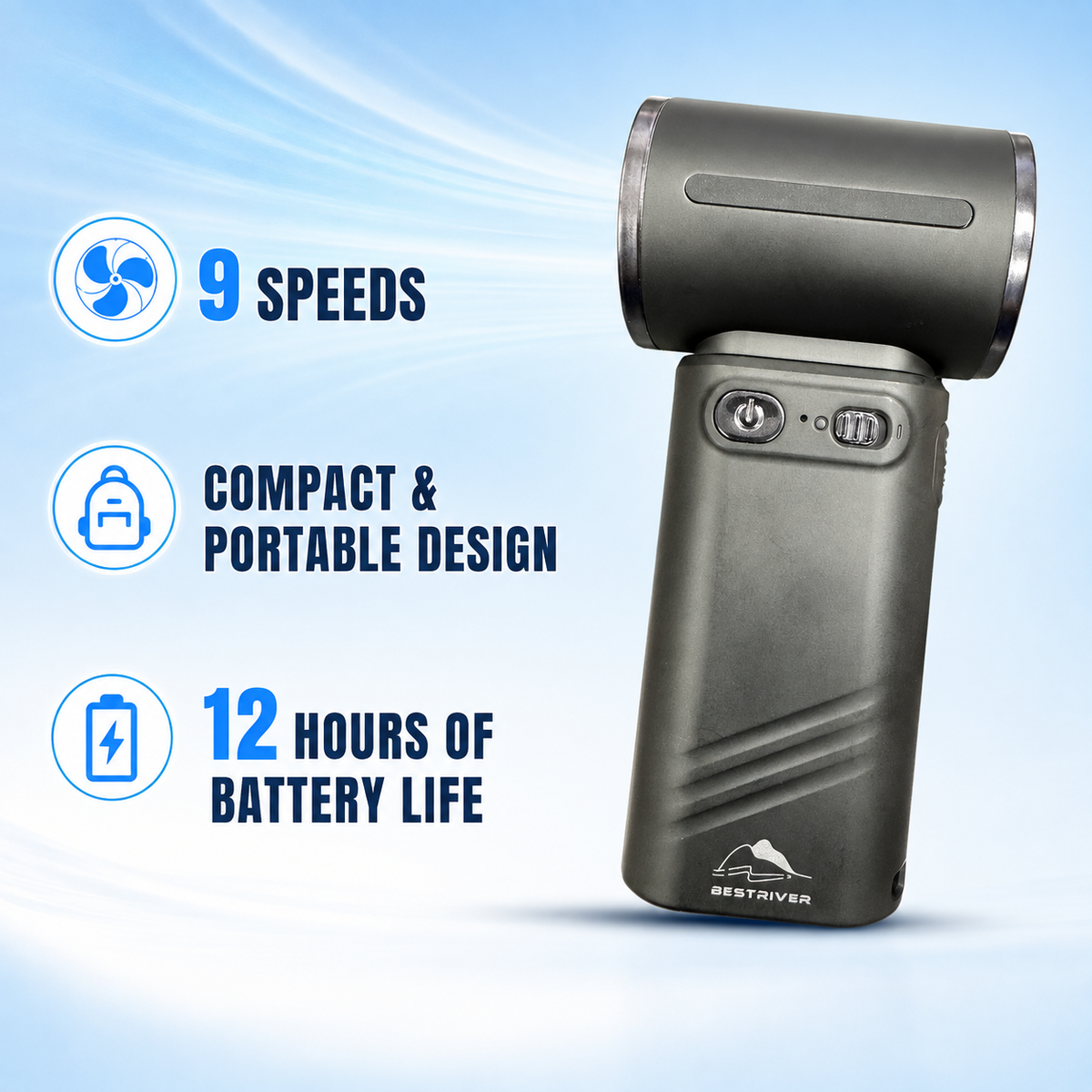 Portable Handheld Turbo Fan 9-Speed USB-C Rechargable - 3600mAh- Travel