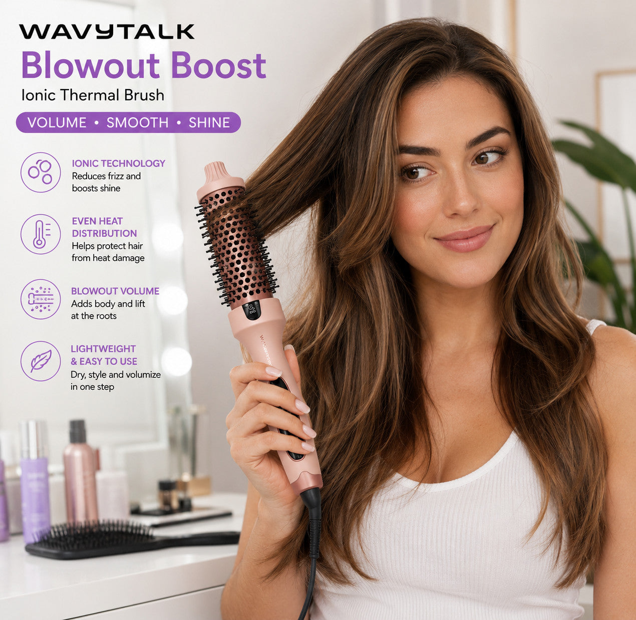WAVYTALK Blowout Boost Ionic Thermal Brush |Rose Gold Heated Hair Styling Brush
