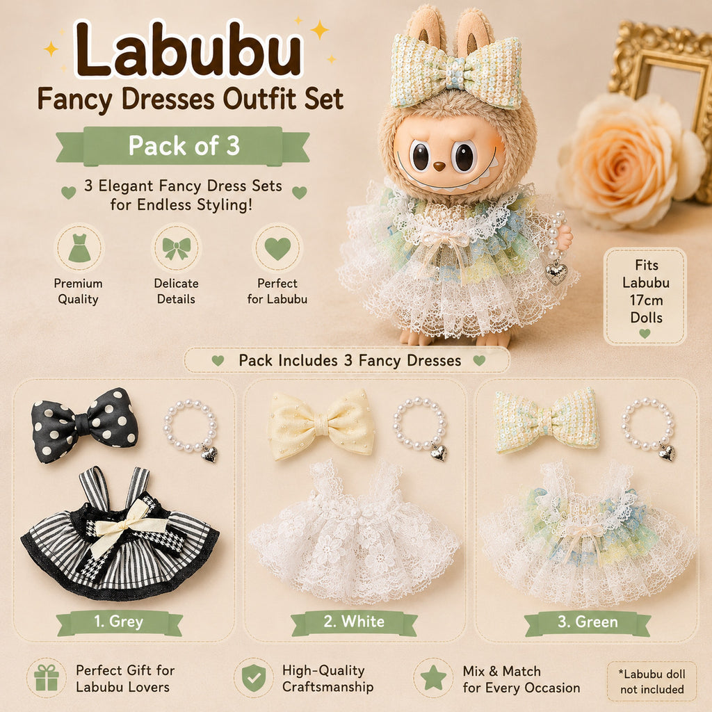 Fancy Dresses for Labubu Pack of 3 | 17cm Doll Clothes (DOLL NOT INCLUDED)