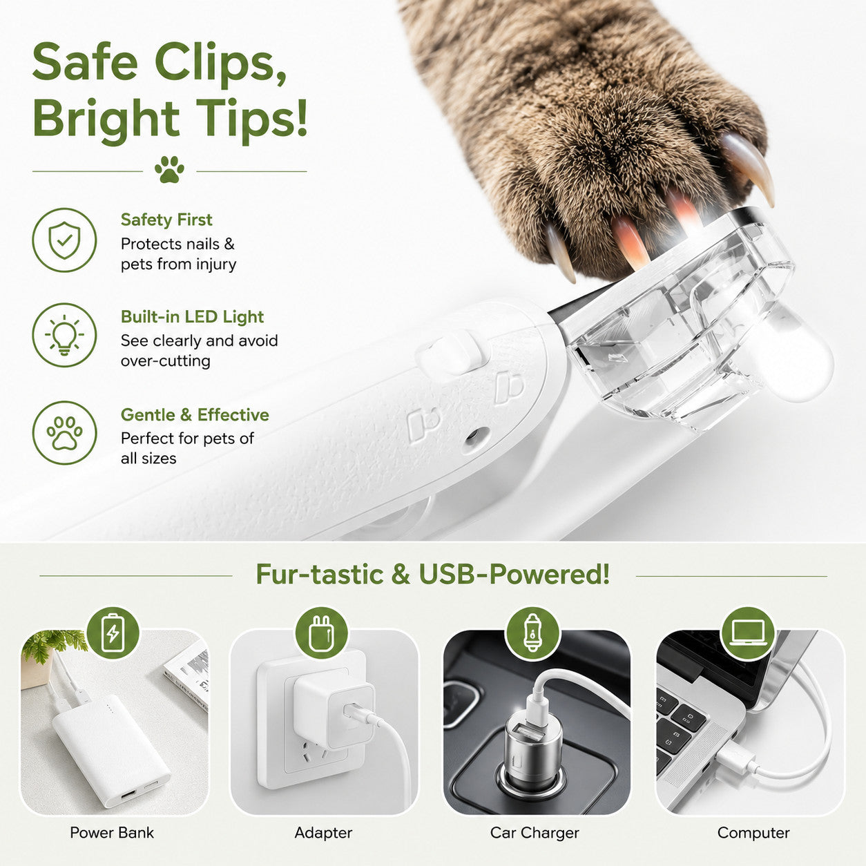 Vankoo Pet Clip Trim Duo LED Dog Cat Nail Trimmer Paw Hair Grooming Clipper USB