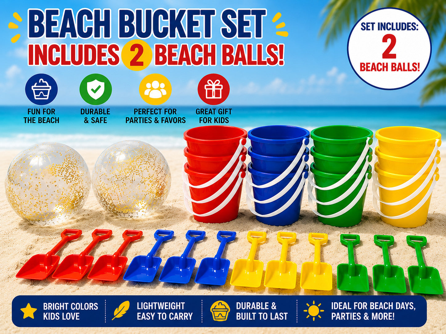 26Pc Kids Beach Bucket & Shovel Set Party Favors 12 Buckets 12 Shovels 2 Balls