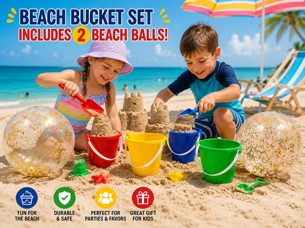 26Pc Kids Beach Bucket & Shovel Set Party Favors 12 Buckets 12 Shovels 2 Balls
