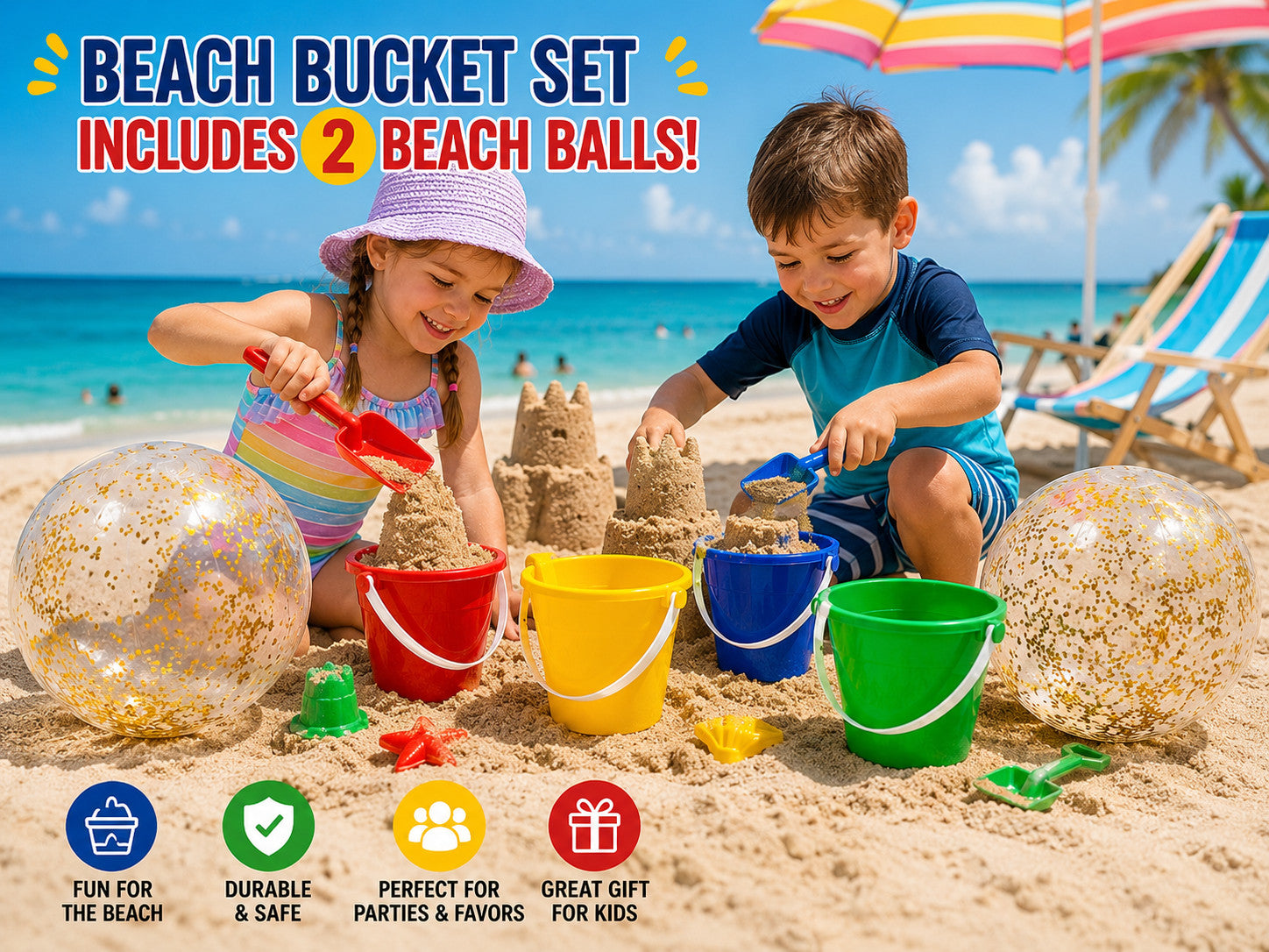 26Pc Kids Beach Bucket & Shovel Set Party Favors 12 Buckets 12 Shovels 2 Balls