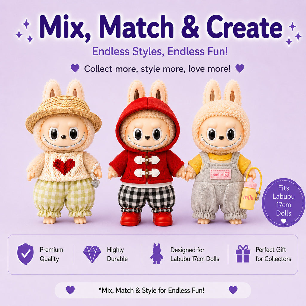 Mystery Outfits for Labubu Pack of 3 | 17cm Doll Clothes (DOLL NOT INCLUDED)