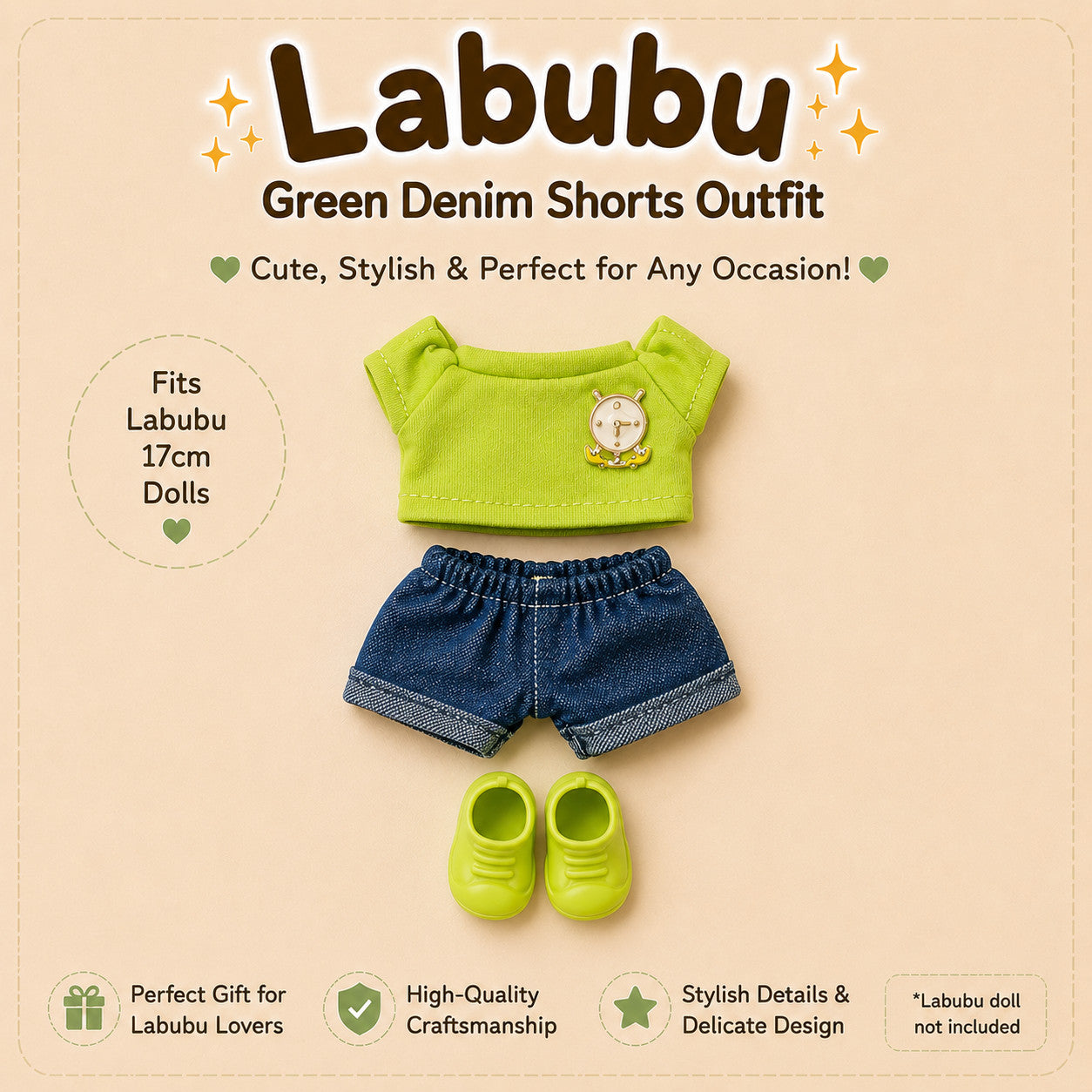 Outfits with Shoes for Labubu Pack of 3 | 17cm Doll Clothes (DOLL NOT INCLUDED)