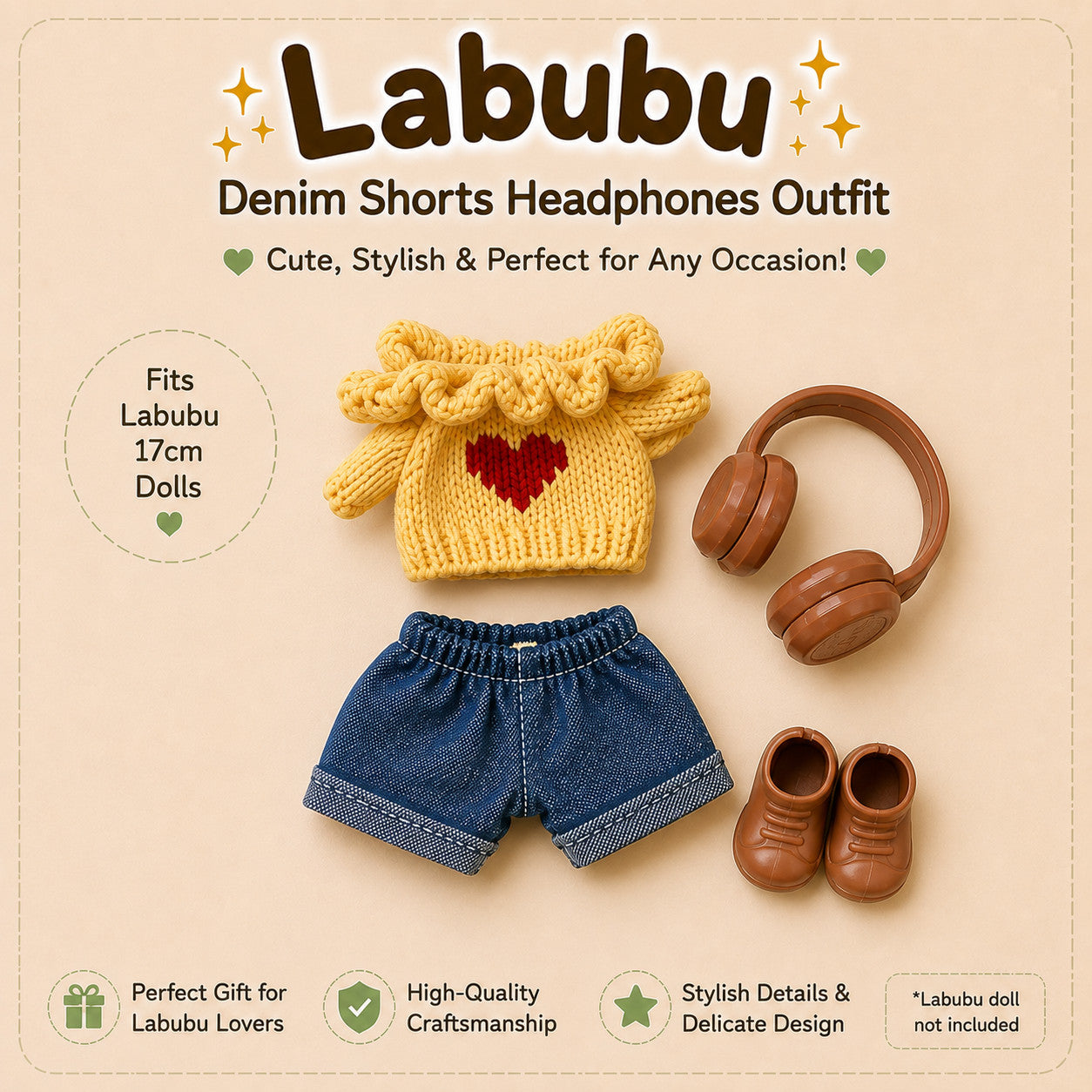 Outfits with Shoes for Labubu Pack of 3 | 17cm Doll Clothes (DOLL NOT INCLUDED)