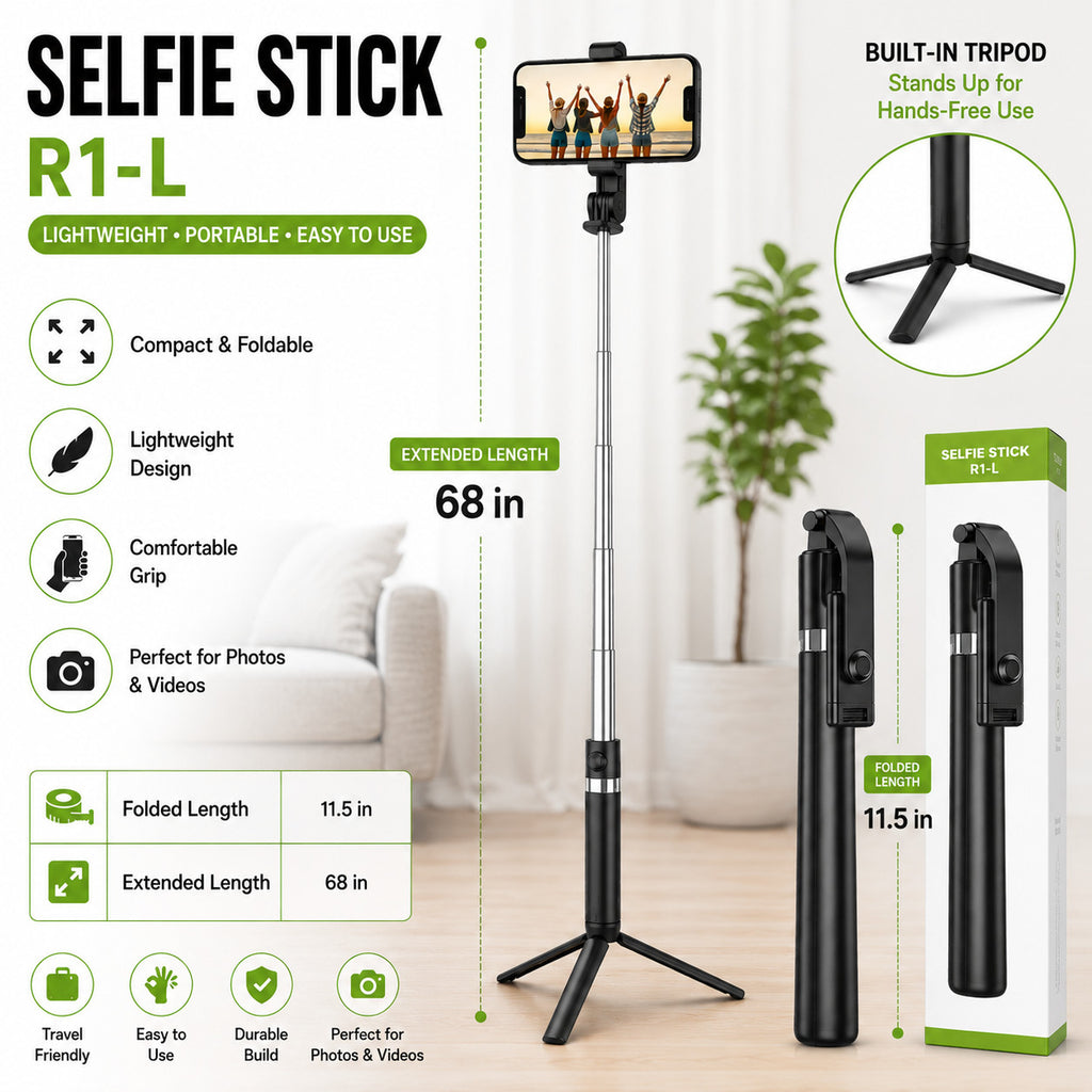 Universal Selfie Stick ~ R1-L Smartphones Black Extends Up To 68" ~ New In Box