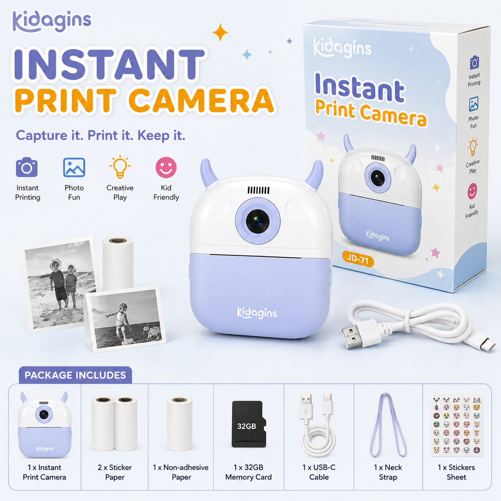 Kidagins Instant Print Camera for Kids 32GB Card HD Camera Photo Video| Blue