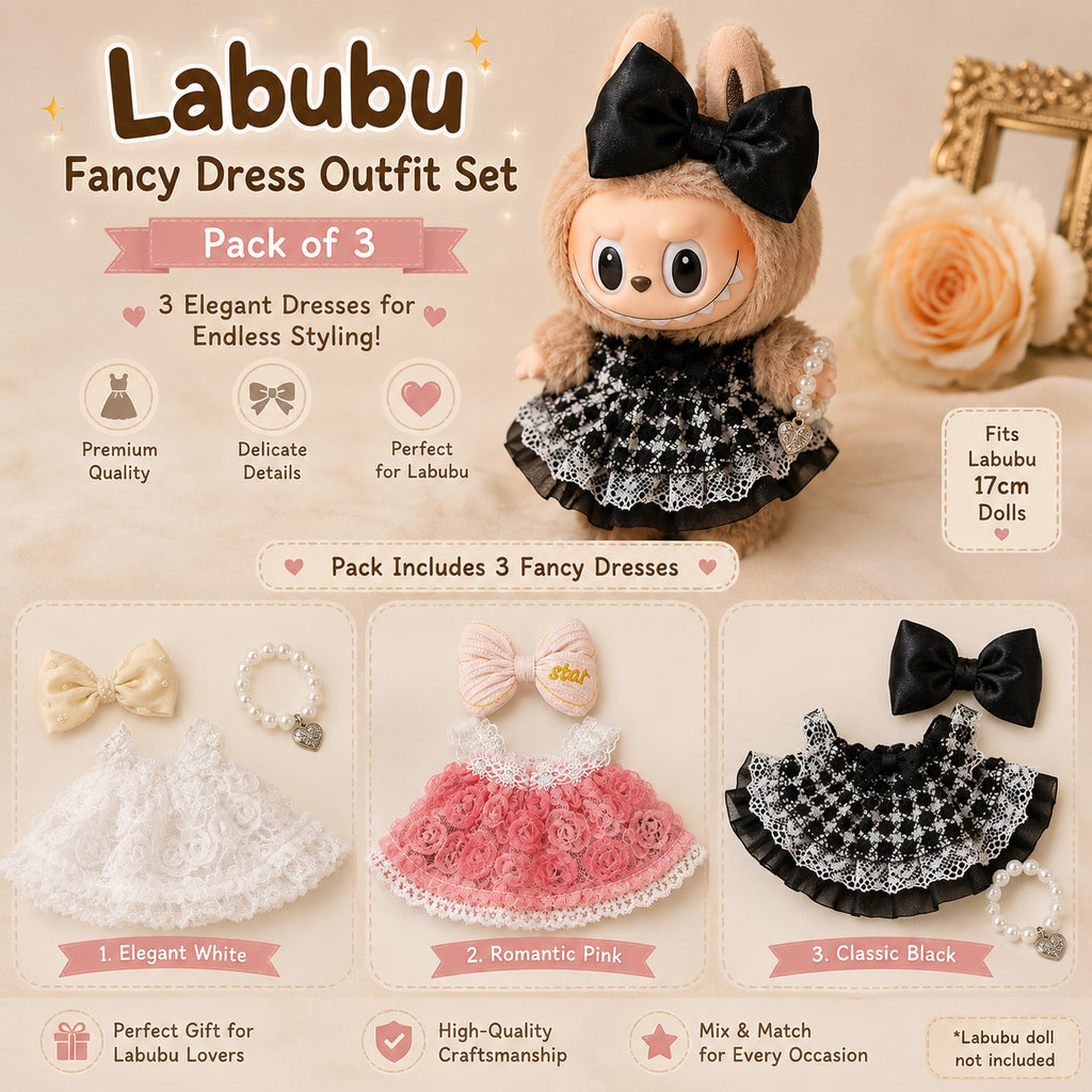 Fancy Dresses for Labubu Pack of 3 | 17cm Doll Clothes (DOLL NOT INCLUDED)