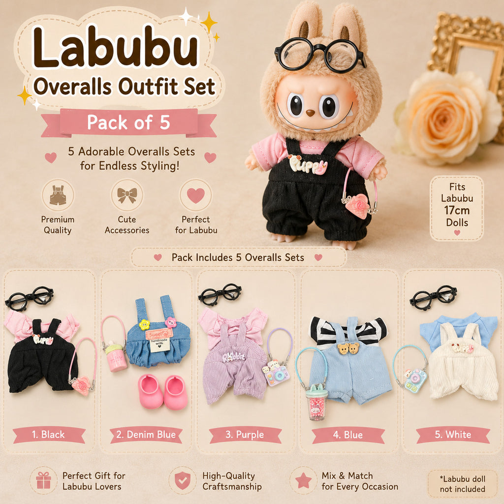 Overalls Outfit Set for Labubu Pack of 5 | 17cm Doll Clothes (DOLL NOT INCLUDED)