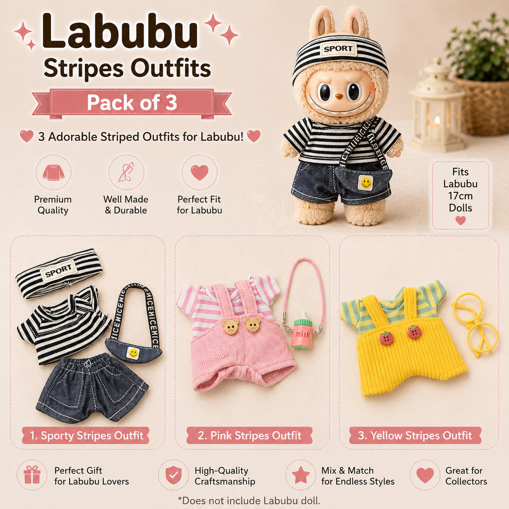 Striped Outfits for Labubu Pack of 3 | 17cm Doll Clothes (DOLL NOT INCLUDED)