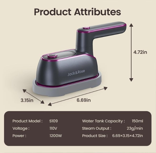 Jack & Rose Garment Steamer Portable Travel Iron Handheld Wrinkle Remover