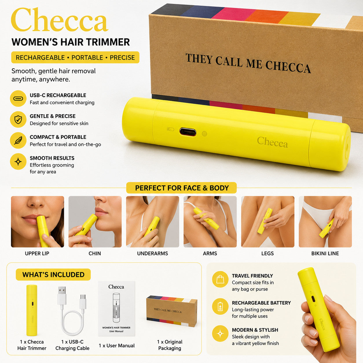 Checca Rechargeable Women's Hair Trimmer Yellow Facial Body Hair Removal USB-C