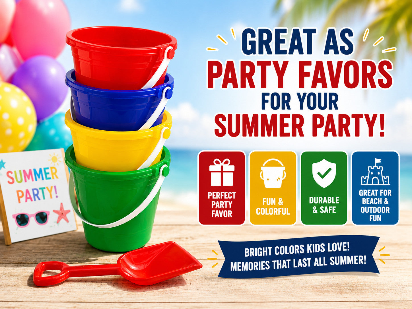 26Pc Kids Beach Bucket & Shovel Set Party Favors 12 Buckets 12 Shovels 2 Balls