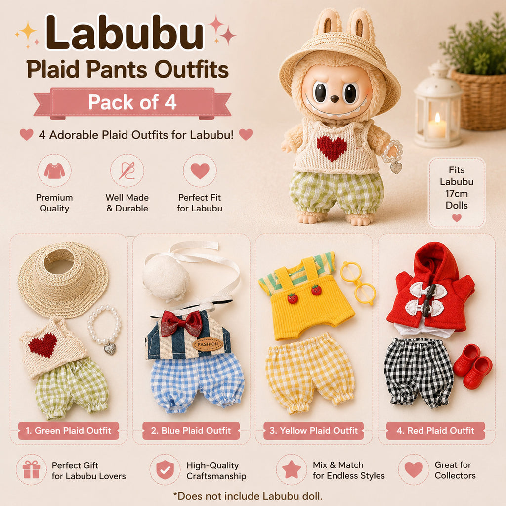 Plaid Outfits for Labubu Pack of 4 | 17cm Doll Clothes (DOLL NOT INCLUDED)