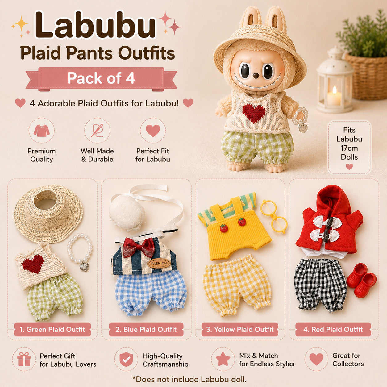 Plaid Outfits for Labubu Pack of 4 | 17cm Doll Clothes (DOLL NOT INCLUDED)