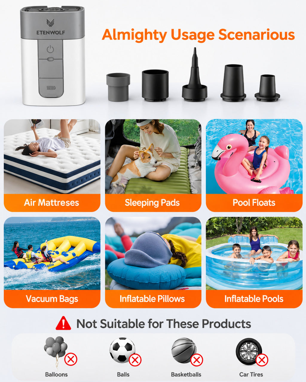 ETENWOLF Air 5 Electric Air Pump – Quick Inflate/Deflate - Portable