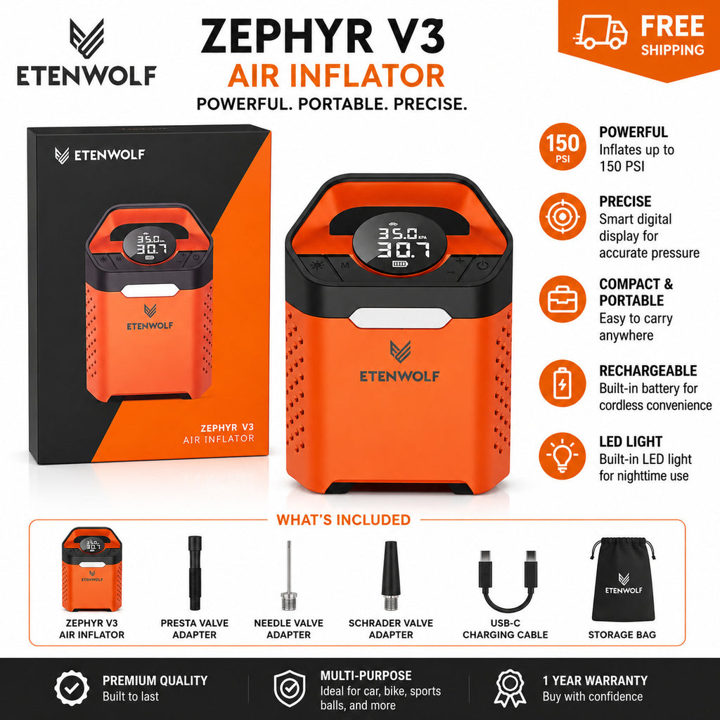 ETENWOLF ZEPHYR V3 Portable Bicycle, Car, Tire Inflator 7800mAh Portable battery