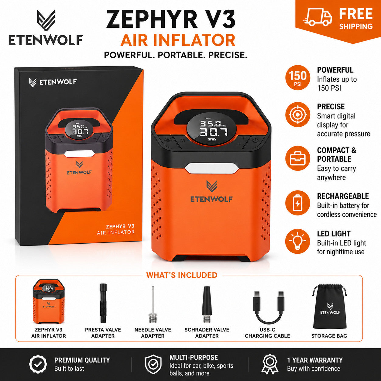 ETENWOLF ZEPHYR V3 Portable Bicycle, Car, Tire Inflator 7800mAh Portable battery
