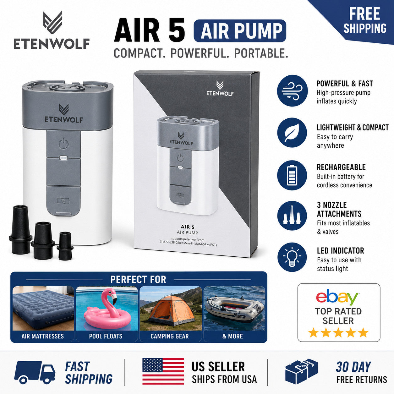 ETENWOLF Air 5 Electric Air Pump – Quick Inflate/Deflate - Portable