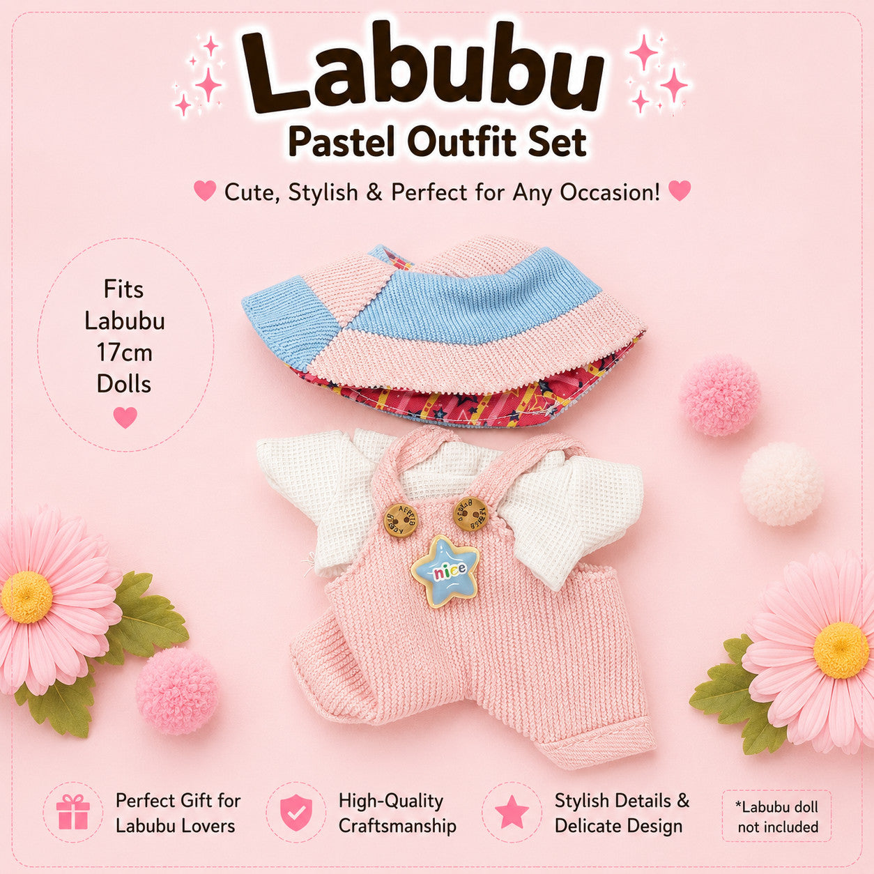 Pink Outfits for Labubu Pack of 4 | 17cm Doll Clothes (DOLL NOT INCLUDED)