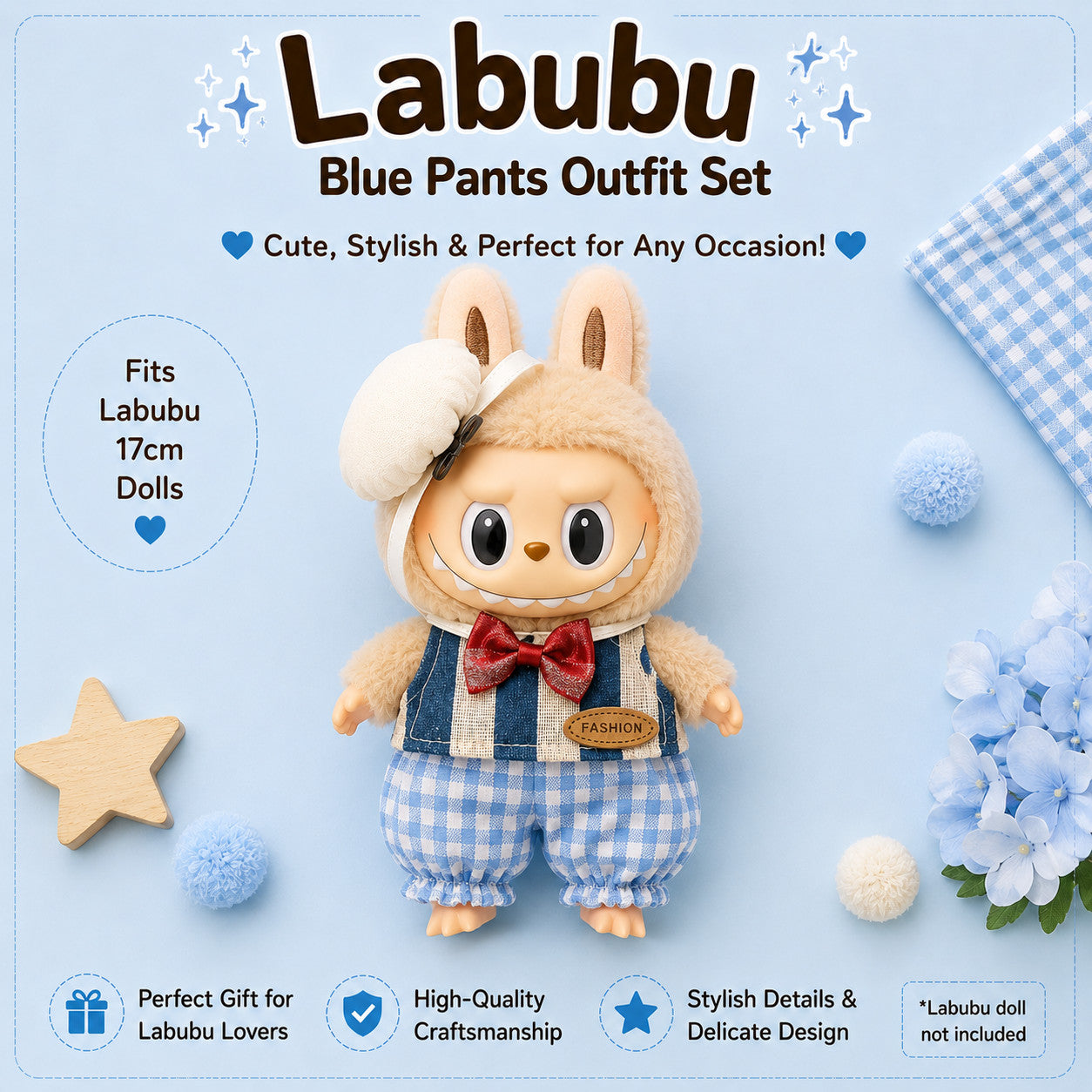 Plaid Outfits for Labubu Pack of 4 | 17cm Doll Clothes (DOLL NOT INCLUDED)