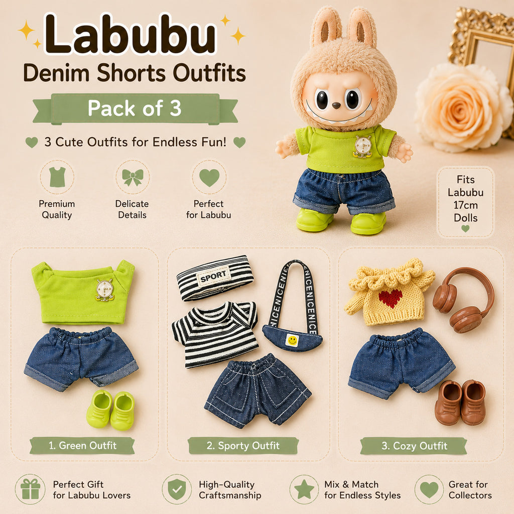 Denim Shorts Outfits for Labubu Pack of 3 | 17cm Doll Clothes(DOLL NOT INCLUDED)