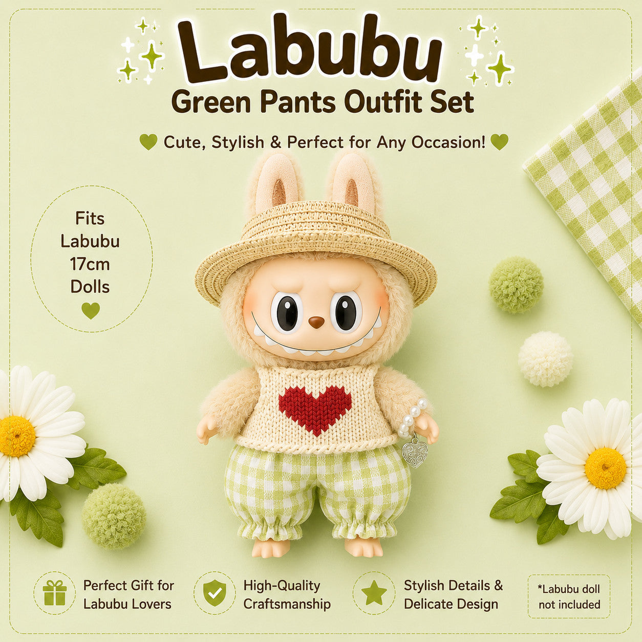 Plaid Outfits for Labubu Pack of 4 | 17cm Doll Clothes (DOLL NOT INCLUDED)