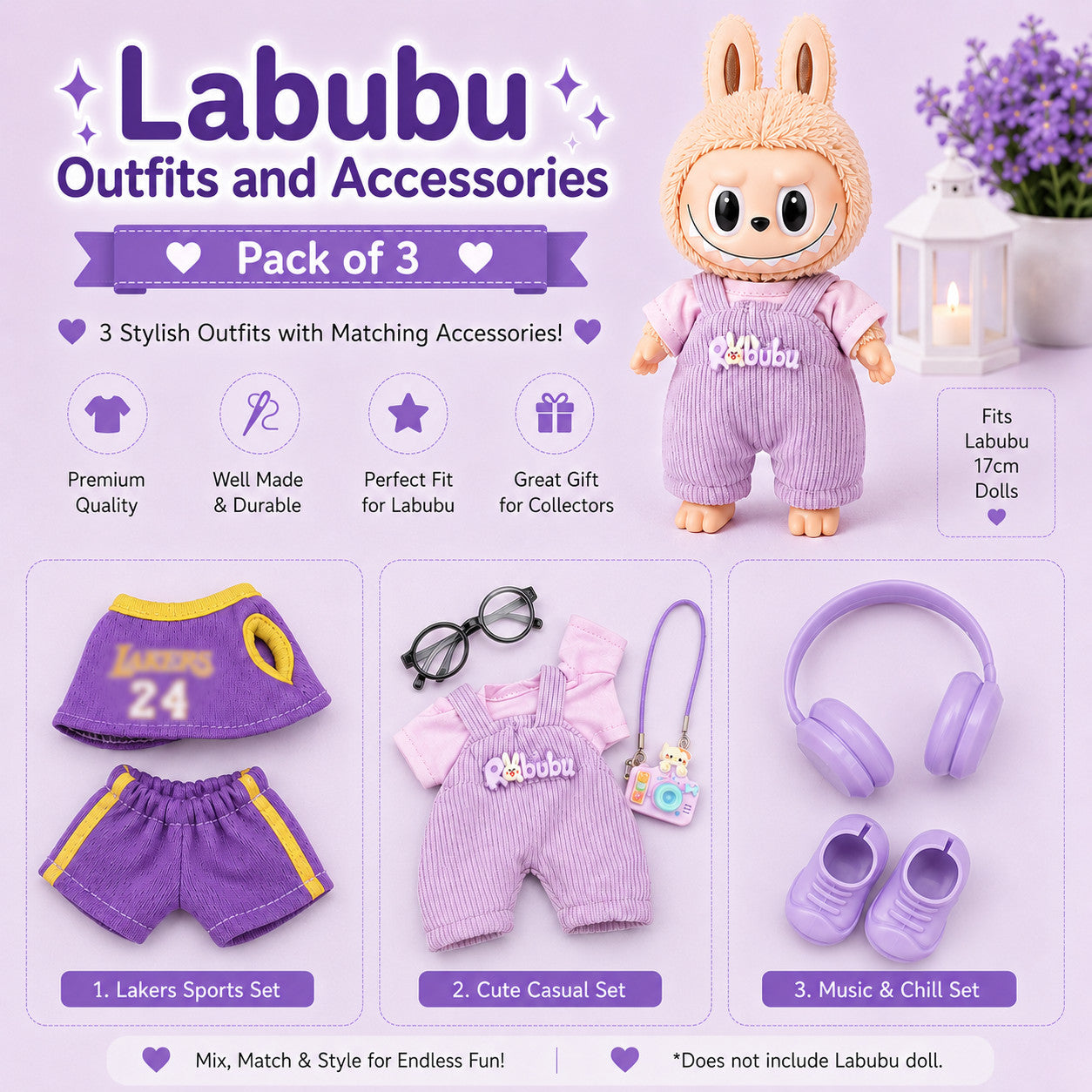 Purple Outfits for Labubu Pack of 3 | 17cm Doll Clothes (DOLL NOT INCLUDED)