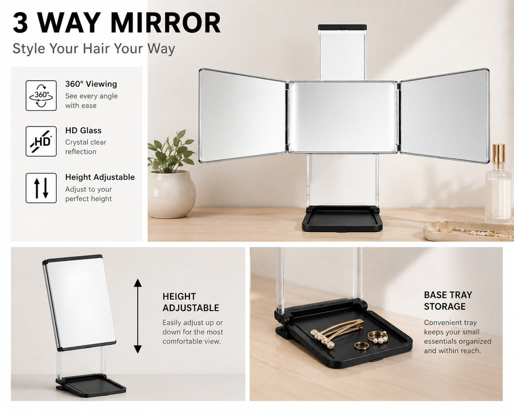 Umitec 3 Way LED Vanity Mirror Trifold Makeup Mirror Touch Control Adjustable
