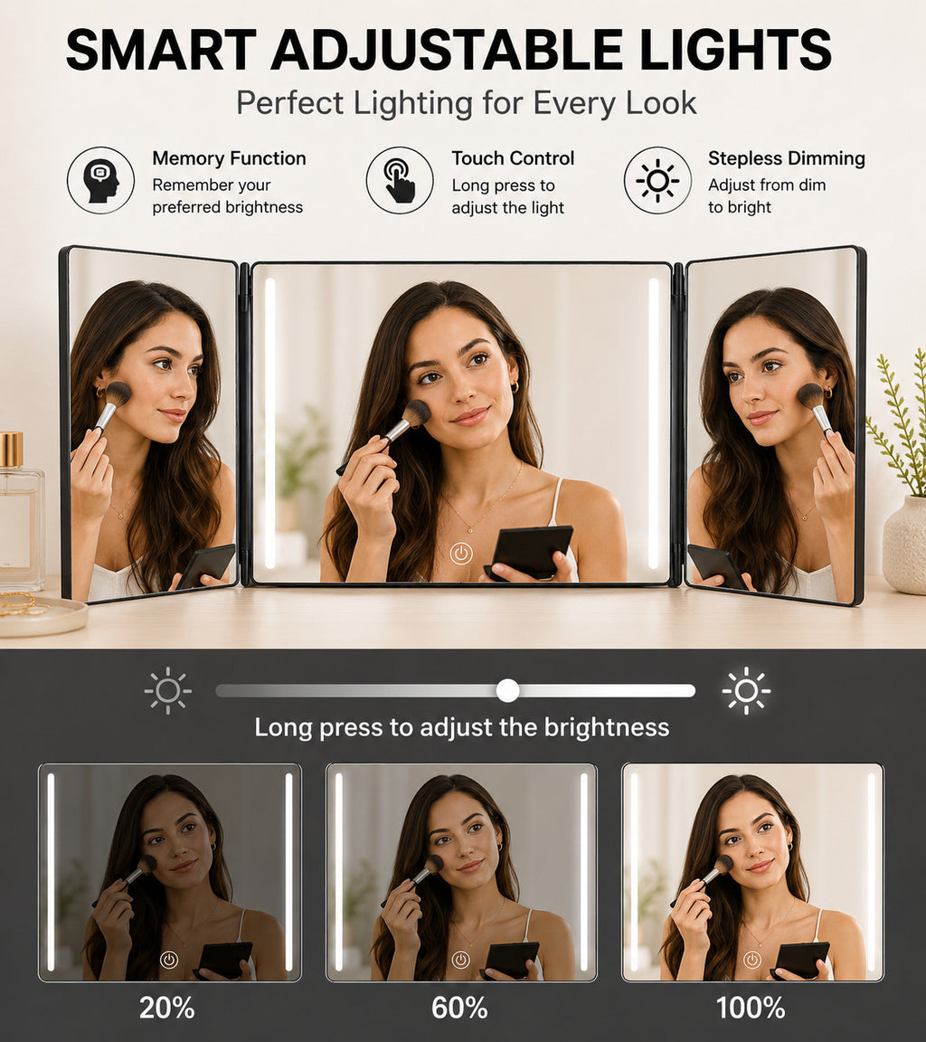 Umitec 3 Way LED Vanity Mirror Trifold Makeup Mirror Touch Control Adjustable