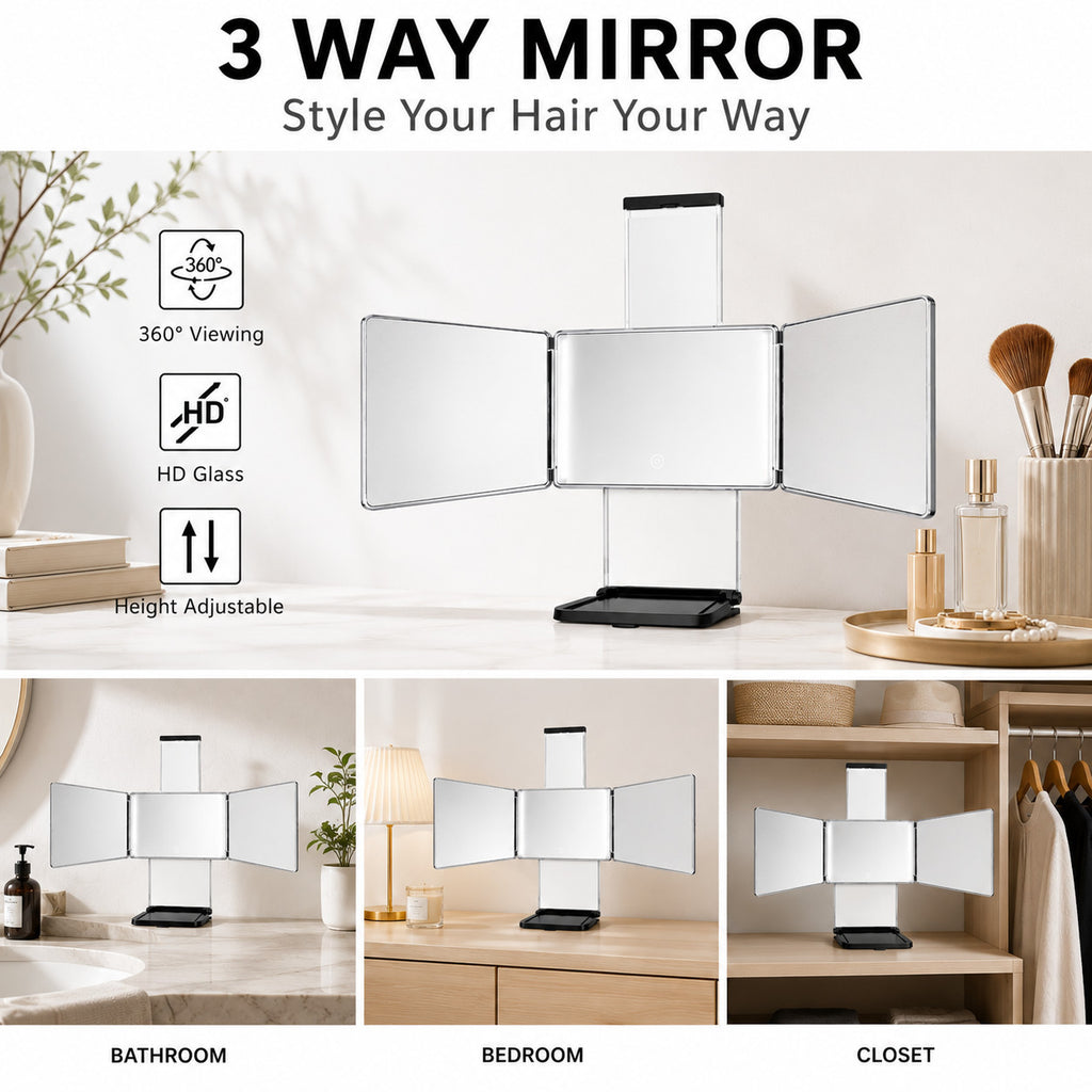 Umitec 3 Way LED Vanity Mirror Trifold Makeup Mirror Touch Control Adjustable