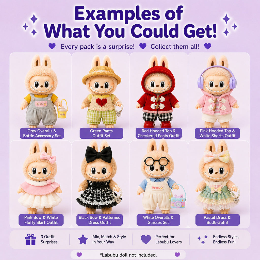 Mystery Outfits for Labubu Pack of 3 | 17cm Doll Clothes (DOLL NOT INCLUDED)
