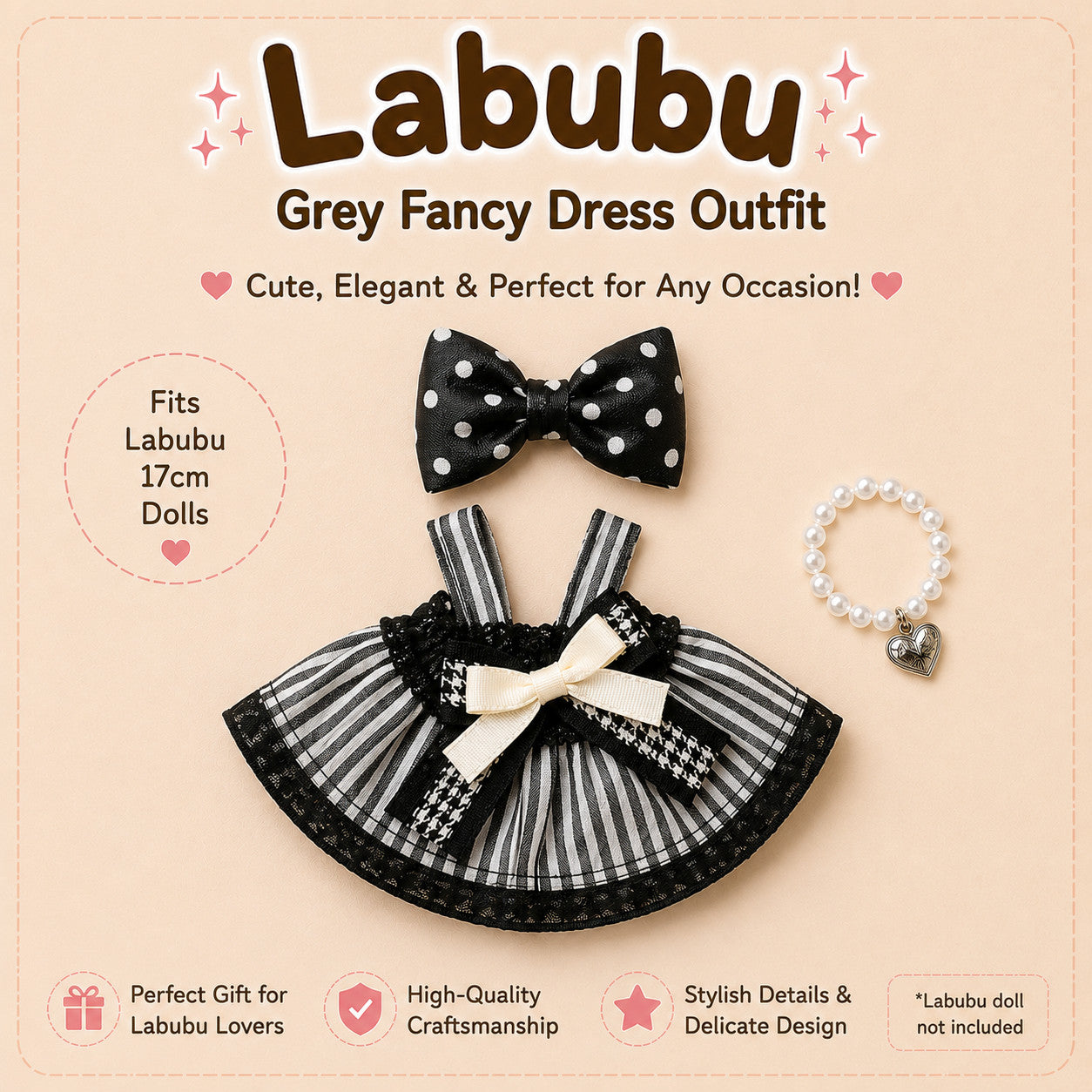 Fancy Dresses for Labubu Pack of 3 | 17cm Doll Clothes (DOLL NOT INCLUDED)