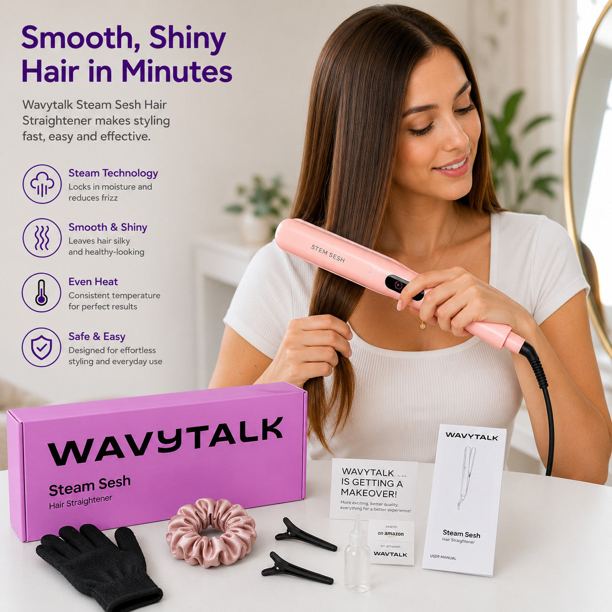WAVYTALK  Steam Sesh Hair Straightener Ceramic Flat Iron Pink New