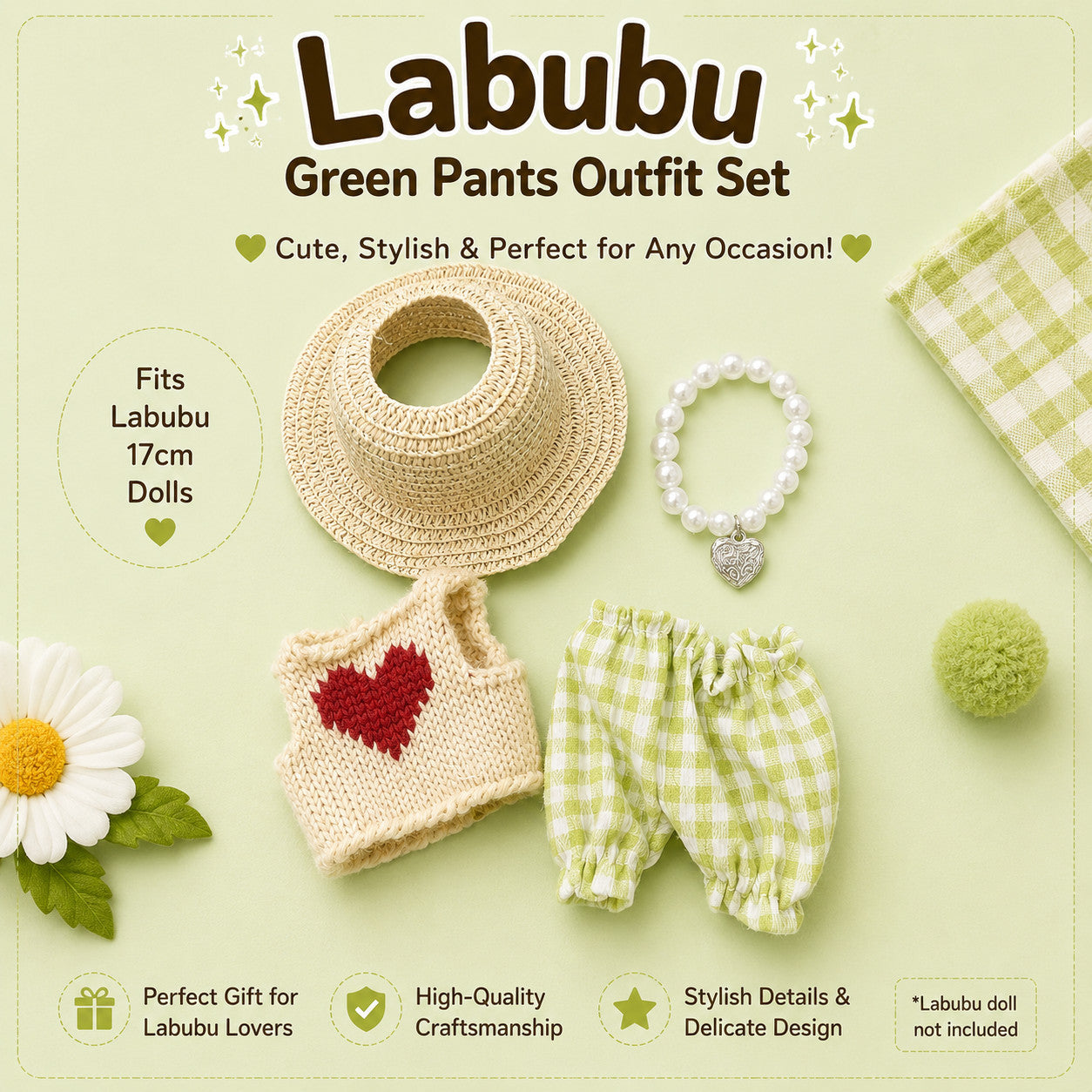 Plaid Outfits for Labubu Pack of 4 | 17cm Doll Clothes (DOLL NOT INCLUDED)
