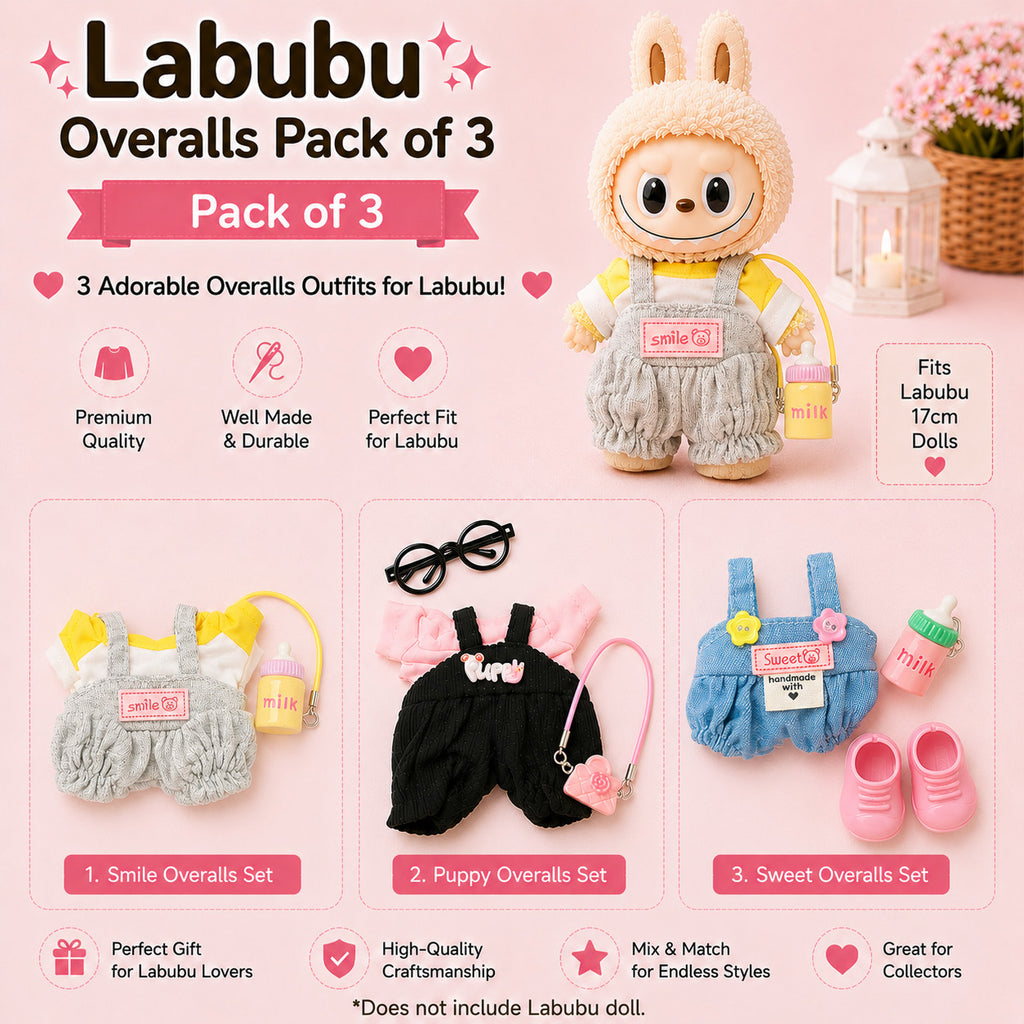 Overalls for Labubu Pack of 3 | 17cm Doll Clothes (DOLL NOT INCLUDED)