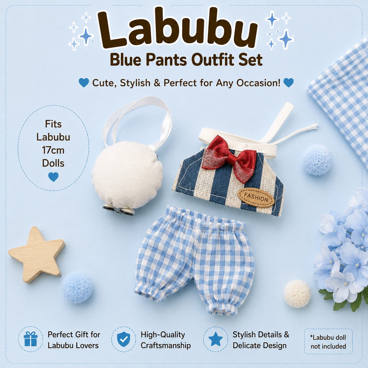 Plaid Outfits for Labubu Pack of 4 | 17cm Doll Clothes (DOLL NOT INCLUDED)