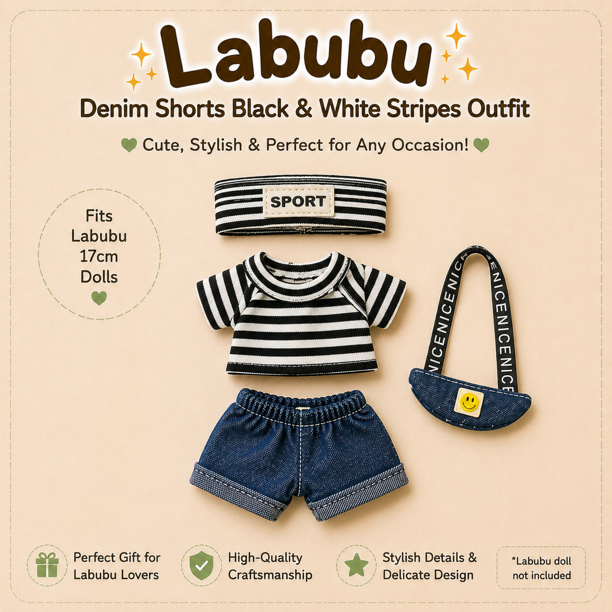 Denim Shorts Outfits for Labubu Pack of 3 | 17cm Doll Clothes(DOLL NOT INCLUDED)